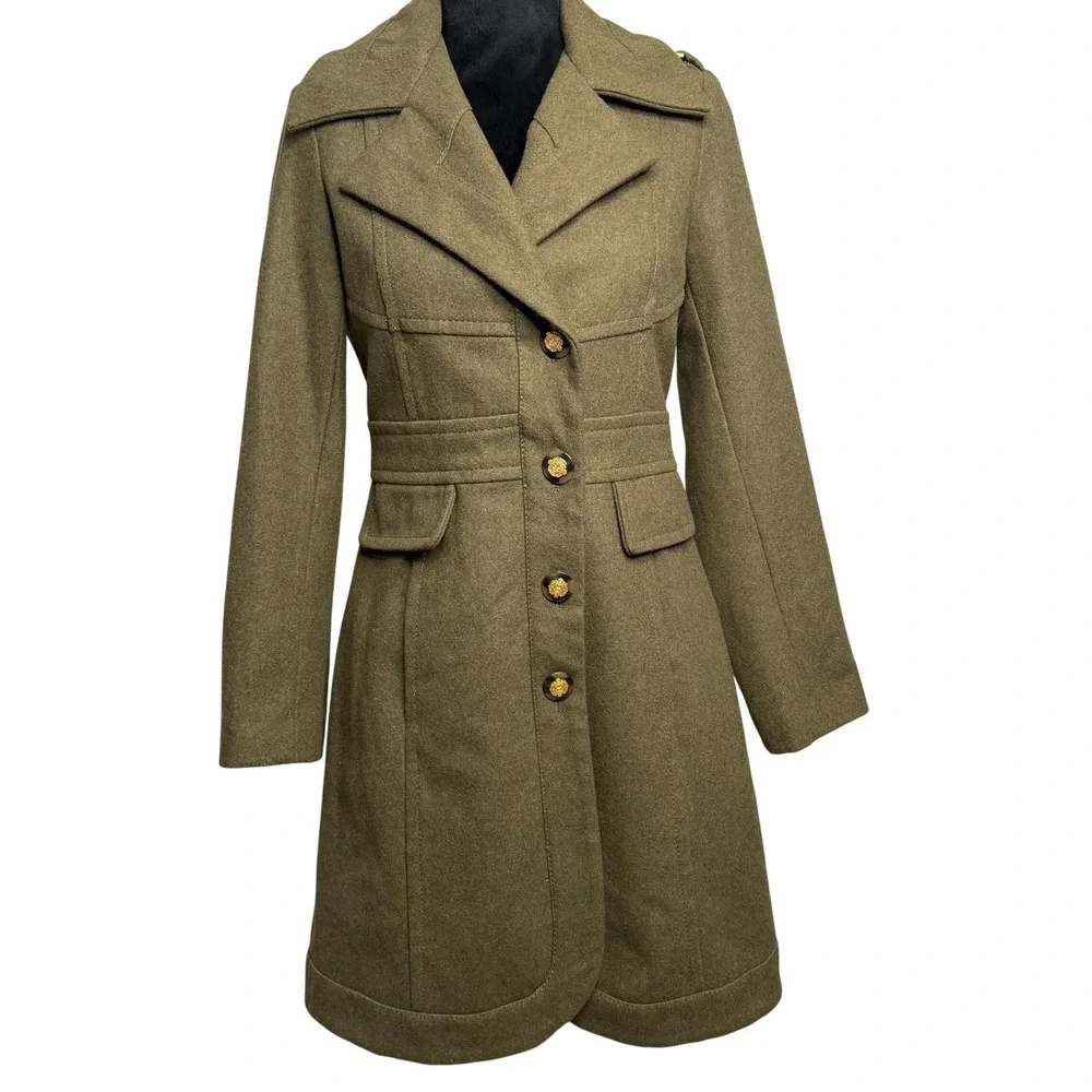 Vtg Guess Military Style Wool Blend Coat Womens PXS Olive Green Button Up Y2K